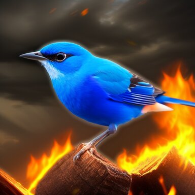 Image StableDiffusion représentant un oiseau bleu entouré de feu